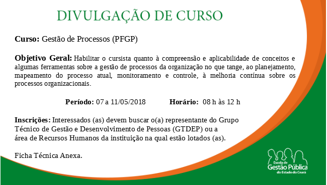 Divulgação do Curso de Gestão de Processo 07 a 11.05